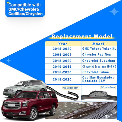 Windshield Wiper Blades Replacement for 2004-2008 Chrysler Pacifica / 2015-2020 GMC Yukon Chevrolet Suburban Tahoe Cadillac Escalade Front Rear Wipers Blade Set - 22" 22" 13"