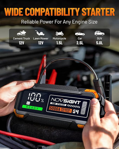 NOVSIGHT Car Battery Jump Starter - 5000A Portable Battery Jumper (12.0L Gas/10.0L Diesel) 12V Car Starter Jump Box with USB Type-C Quick Charge, Bulit-in Charge 3 Modes, Dual Color Lights(Orange)