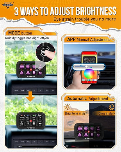 Auxbeam 8 Gang Switch Panel AC-800 Bluetooth RGB Switch Pod with Remote Control Backlit Off Toggle Momentary Pulsed 165FT Wireless Auxiliary Switch Panel for Truck Offroad Waterproof