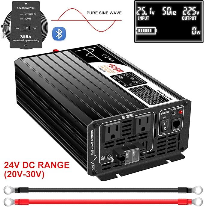 Xijia 1500W(Peak Power 3000W) Pure Sine Wave Solar Power DC 24V Inverter AC 120V 60HZ Solar Converter for Home Use car (DC24V (Range 20V-30V) 1500W)