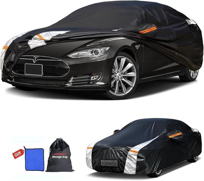 12-Layer Custom Fit Car Cover for Tesla Model S (2012-2025), Upgraded Waterproof All-Weather Full Exterior Cover with Door Zipper and Charging Port, for Snow Rain Dust and Sun UV Protection-Black.