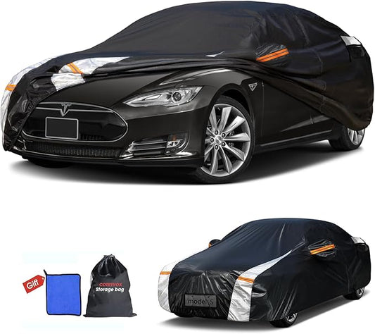 12-Layer Custom Fit Car Cover for Tesla Model S (2012-2025), Upgraded Waterproof All-Weather Full Exterior Cover with Door Zipper and Charging Port, for Snow Rain Dust and Sun UV Protection-Black.