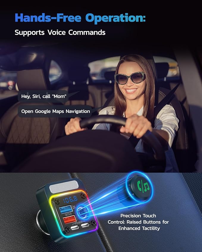 Nulaxy 54W Bluetooth 5.3 Car Adapter with 4 Charging Ports [PD 36W & QC3.0 18W], Wireless Radio FM Transmitter with Deep Bass Player & 5 Colors LED Backlit, Hands-Free Calling - Blue