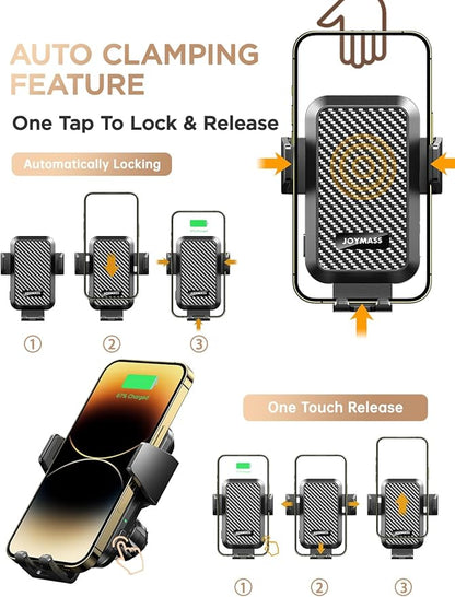 Wireless Car Charger, Phone Holders for Your Car, 15W Auto Clamping Phone Mount Car Accessories for iPhone 16 15 14 13 12 Mini Pro Max 11 XR XS, Samsung Galaxy S24 Ultra S23 S22+ Note 20, etc