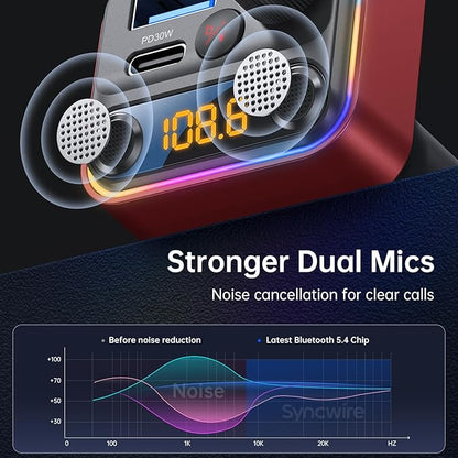 Syncwire Bluetooth 5.4 FM Transmitter Car Adapter 42W [Light Switch] [Stronger Dual Mics] [HiFi Deep Bass] [Fast Charging] Wireless FM Radio Music Adapter Hands-Free Calling Support USB Drive, Red