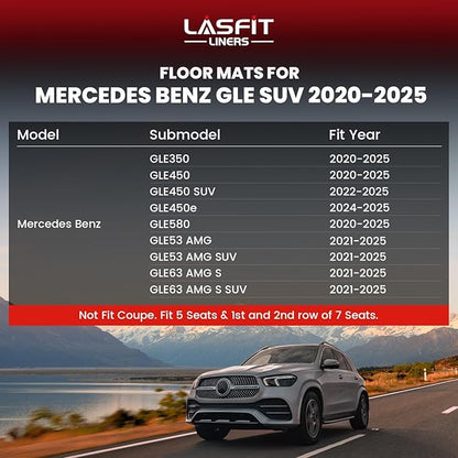 LASFIT Floor Mats for Mercedes Benz GLE SUV 2020-2026 350/450 / 450e / 580/53 AMG / 63 AMG S (Not Fit for Coupe), All Weather TPE Floor Liners Custom Fit GLE Car Mats, 1st & 2nd Row Set, Black