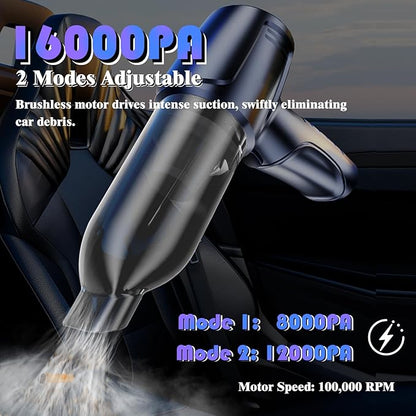Car Vacuum Portable Cordless, 16000PA Powerful Suction, 5 in 1 Mini Handheld Vacuum Cleaner, Small Car Vacuum Cleaner, Brushless Motor, Air Duster, 4000mAh, Dual Filter, for Cars,Home,Office,Pet