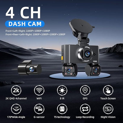 4 Channel Dash Cam Front and Rear, 360°Dash Camera for Car FHD 2K+3x1080P Touch Screen, 8 IR Night Vision, 5G WiFi, APP Control, G-Sensor, Loop Recording, Built-in GPS with 64GB Car, 24H Parking Mode