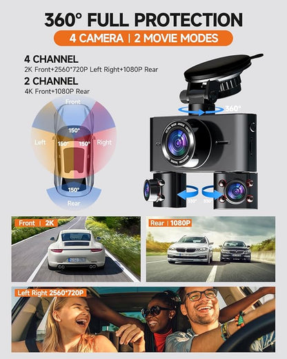 Dash Cam 360°, Dash Camera for Cars Front and Rear Inside, 4 Channel 4K/2K FHD Mini Dashcam, Built-In WiFi, GPS,with 64GB Card, Voice Control, WDR,HDR,Night Vision, 24/7 Parking Mode(Upgraded Version)