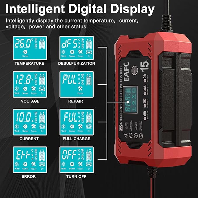 15-Amp Battery Charger, 12V Trickle Charger Car Battery Charger, Smart Automatic Lead Acid Charging with Temperature Compensation for Car Truck Lawn Mower Boat Marine(15A)