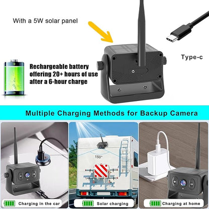 Wireless Backup Camera for RV/Truck/Camper/Trailer - Solar-Powered Strong Magnetic Mount, No Wiring/Drilling, HD Night Vision, Waterproof, Low Power - Works with iPhone & Android (Easy Installation)