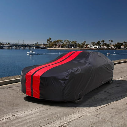 iCarCover Custom Car Cover for Buick Lesabre (1971-1976) Waterproof All-Weather Rain Snow UV Sun Protector Full Exterior Indoor Outdoor Car Cover (Stripe - Black/Red)