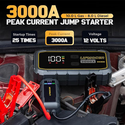 GS300 Jump Starter - 3000A Car Battery Jump Starter for Up to 10.0L Gas and 8.0L Diesel Engines, 12V Portable Jump Box with Storage Case USB Quick Charge, and LCD Display