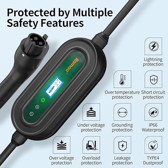 Romaa Level 2 EV Charger Portable Level 2 with 40A, 240V, NEMA 14-50, 25ft Cable, J1772 Charger, Adjustable Current, Delay Timer, EV Chargers for Home Level 2, App Control, FCC & ETL Certified
