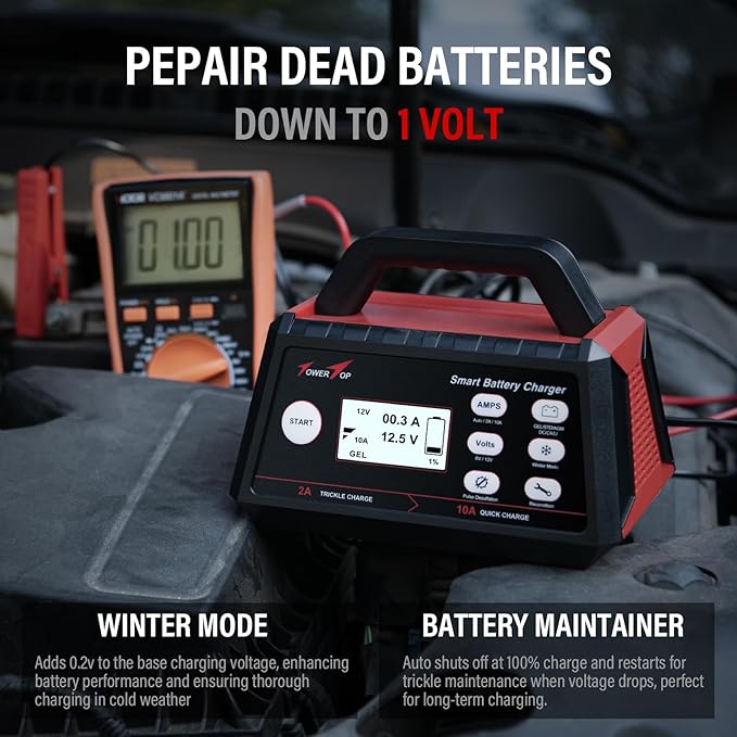 TowerTop Smart Car Battery Charger: 10A Battery Chargers 6V/12V Boat Battery Chargers with Auto Desulfator, Repair, Maintainer, Winter Mode, Suitable for AGM, Lithium (LiFePO4), Deep-Cycle Batteries