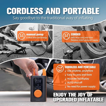 Tire Inflator Portable Air Compressor for Car Tires - 150PSI Cordless Air Pump with Pressure Gauge, LED Light & Auto Shutoff - Fast Pump for Motorcycle, Bike, Balls, Sports Equipment