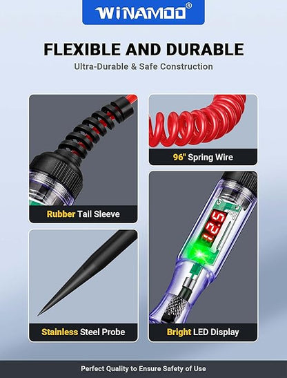 Test Light Automotive 5-90V Digital LED Circuit Tester with Voltage Display, Auto Bidirectional Voltage Tester, Electric Test Pen with Extended Spring Wire & Probe for Car RV Fuse Checker
