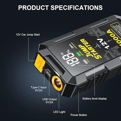 Car Battery Jump Starter with 4000A Peak Smart Clip LCD Display and 3 Modes Flashlight for Up to All Gas and 10.0L Diesel Engine 12V Auto Battery Booster Jumper Cables Portable Lithium Jump Box