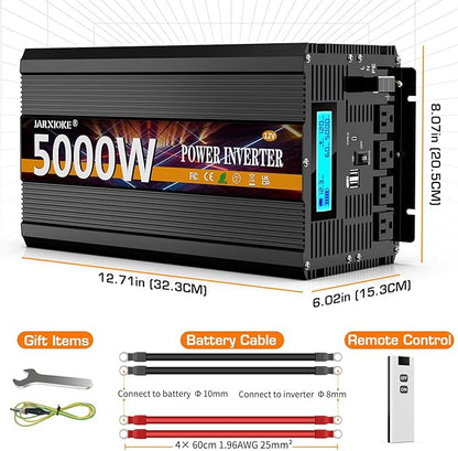 5000 Watt Power Inverter 12V DC to 110V 120V Converter for Family RV Off Grid Solar System Car with Type-C Ports 3 AC Power Outlets Dual USB Ports LCD Display Wireless Remote Control