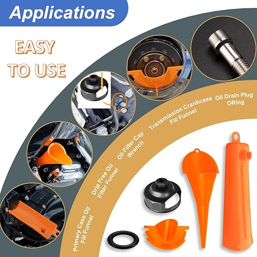 Oil Change Tool Kit for Harley Davidson Accessories,Oil Filter Wrench,Crankcase Fill Tool,Primary Case Funnel,Drip-Free Oil Filter Funnel,10PCS O-Rings