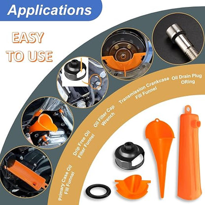 Oil Change Tool Kit for Harley Davidson Accessories,Oil Filter Wrench,Crankcase Fill Tool,Primary Case Funnel,Drip-Free Oil Filter Funnel,10PCS O-Rings