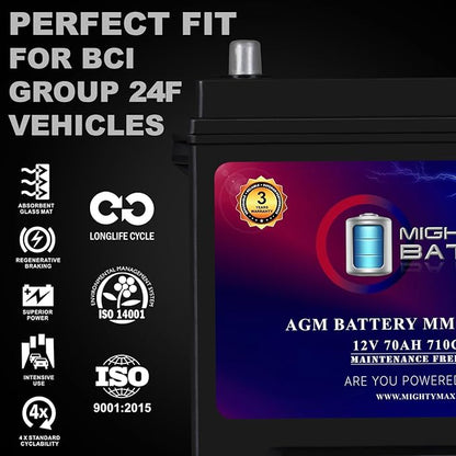 Mighty Max Battery MM-G24F Start and Stop Car BCI Group Size 24F 12V 70Ah, 120RC, 710 CCA Rechargeable AGM Car battery