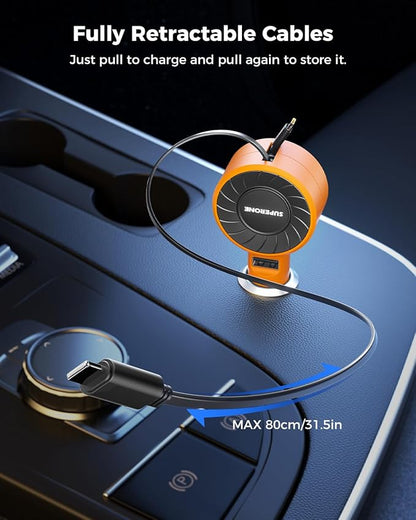 SUPERONE 3-in-1 Car Charger with Retractable Cords, USB C Charger Car Adapter Compatible with iPhone 16/15/14/13/12/11 Pro Max Samsung Android Phones