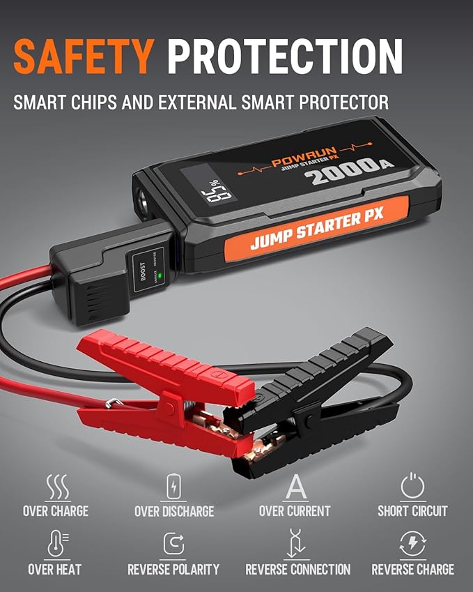 Powrun P-X Jump Starter, 2000A Portable Jump Box - Car Jump Starter Battery Pack for up to 6.0L Gas and 5.0L Diesel Engines, 12V Battery Jump Starter with Carry Bag