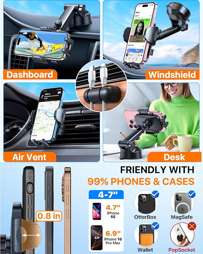HTU 2025 Best Car Phone Holder 【Ultimate 5-in-1 & Upgraded 100+LBS Strongest Suction】【True Military-Grade & Safety Cert】 360° Windshield Dashboard Vent Mount Stand for iPhone Android & Truck, Grey