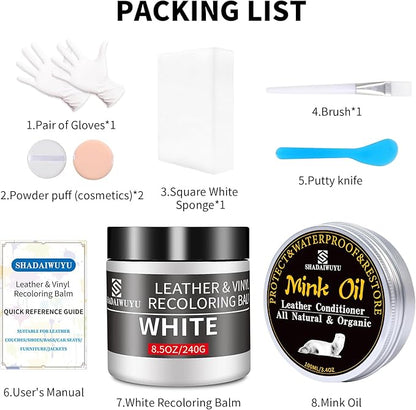 8.5oz Leather Recoloring Balm with 100ml Mink Oil,White Leather Repair kit for Furniture and Car Interior,Leather Couch Scratch Repair,Leather Dye Paint,Mink Oil for Leather