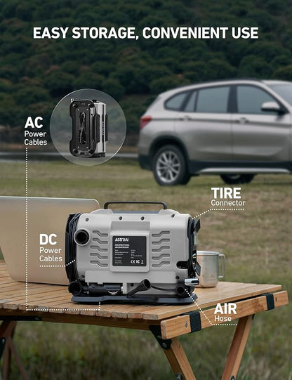 AstroAI Tire Inflator Portable Air Compressor Pump 150PSI 12V DC/110V AC with Dual Metal Motors &LED Light, Automotive Car Accessories&Two mode for car, bicycle tires and air mattresses, Gray