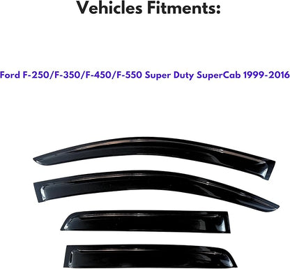 KPY Window Visors Compatible with Ford F250 F350 F450 F550 Super Duty SuperCab 1999-2016, 4PC Rain Guard Side Vent Deflectors Tape-On Style (SuperCab Only)