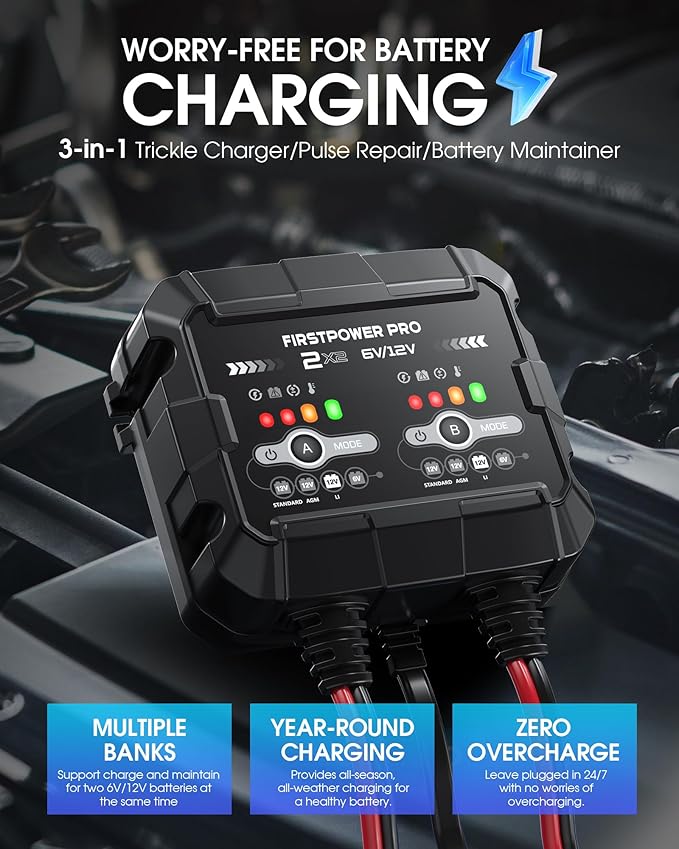 2-Bank, 4A (2A/Bank) Trickle Charger for Car Battery, 12V 6V Car Battery Charger, Automotive Battery Trickle Charger, Battery Maintainer, for Car Motorcycle Lawn Mower AGM, Lithium Batteries