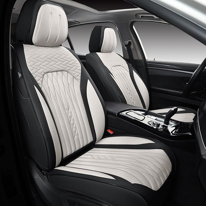 Car Seat Covers Full Set, Leather Seat Covers for Cars, Car Seat Protector Waterproof, Non-Slip Car Interior Covers Fit for Most Cars, SUV, Vans, Trucks,5Seaters,Full Set,Black-White