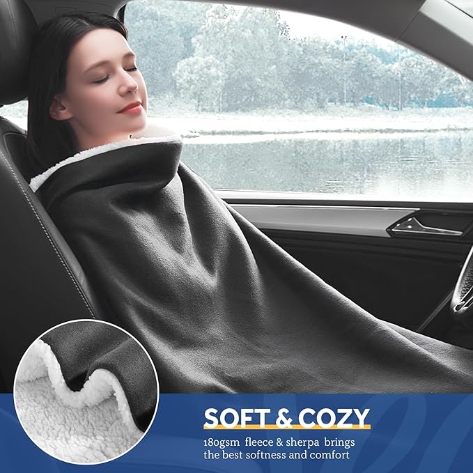 Sealy 12-Volt Heated Car Blanket with 2 USB Output Ports, 3 Heating Levels & 4 Hours Auto Off, Electric Blanket for Car, Truck, SUV, RV or Camping, Machine Washable, 59" X 43", Charcoal