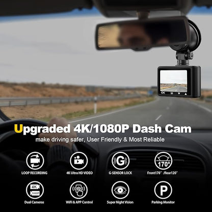 Dash Camera, 4K/1080p Dash Camera Front and Rear, Built-in 5GWiFi, Dash Cam with 64GB SD Card, Full HD 2.0” IPS Screen, for App Control, G-Sensor, Loop Recording, and Parking Mode