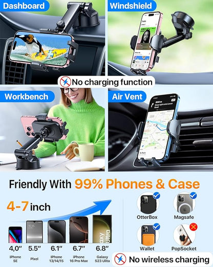 HTU [True Military-Grade] 2025 Upgraded Car Phone Holder 【Safety Certs & No Smell】 Cell Phone Holder for Car Mount for Dashboard Windshield Air Vent Long Arm Thick Case,Sapphire Blue
