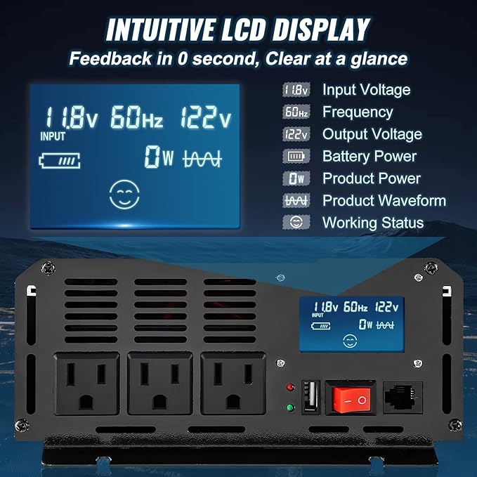 VEVOR 2500W Pure Sine Wave Inverter, 12V DC to 120V AC Car Inverter, 3 AC Outlets, USB Port, LCD Display, Remote Controller, Black, for RV Truck Car Solar System Travel Camping