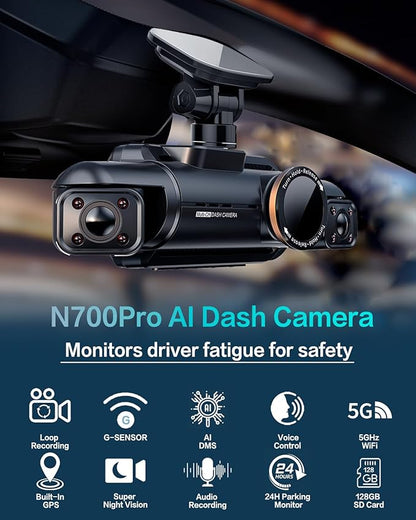 AI Dash Cam Front Rear Inside, 4 Channel 3k+1080P*3 Dashcam with Smart Driving Monitor System, 360° View Car Cameras 5GHz Wi-Fi GPS, Camera for Car Night Vision 128GB SD Card, 24H Parking Mode N700Pro