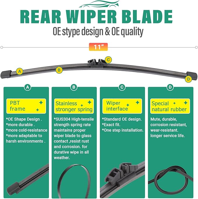 24" 20" 11" Windshield Wiper Blades Replacement for Ford Escape 2020 2021 2022 2023 2024 2025 Premium All Weather Front Rear Wipers Set - OEM Quality (Pack of 3)