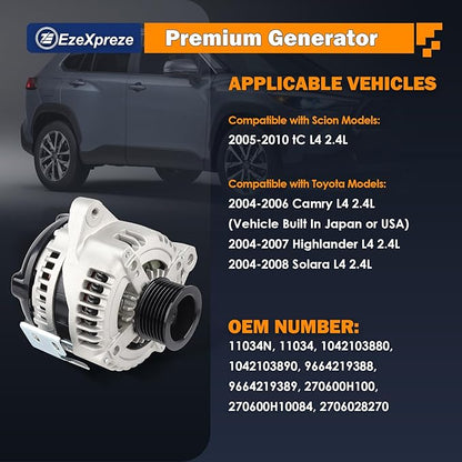 Ezexpreze 11034N Alternator Compatible with Toyota Camry 04-06, Highlander 04-07, Solara 04-08 & Scion tC 05-10, L4 2.4L, 12V 100Amp Clockwise 7-Groove Pulley, OE# 104210-3880, 27060-0H100