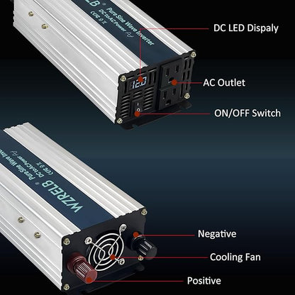 WZRELB 800W Pure Sine Wave Inverter 24V DC to 110V 120V AC Power Converter with LED Display, Off-Grid Portable Power Inverter with 2 AC Outlets for Home, RV, Truck, Camping