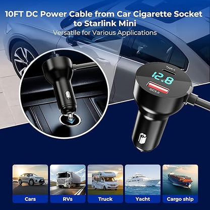 3 in 1 Starlink Mini Cable 10FT, Starlink Mini Car Charger DC Power Cable+Cigarette Lighter Adapter 12V-48V with Digital Display, Durable USB C PD 36W/USB A 18W Ports for Trucks and Cars