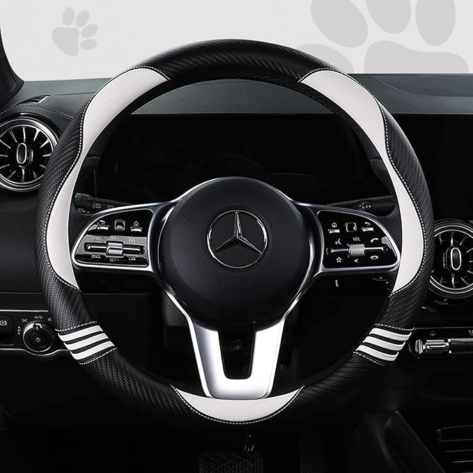 Car Steering Wheel Covers for Women Girl Padded Carbon Fiber PU Leather Cute Cartoon Auto Interior Accessories for Jeep, Truck, Universal, Anti Slip, White, Large Size 15.5-16"(39-41cm)