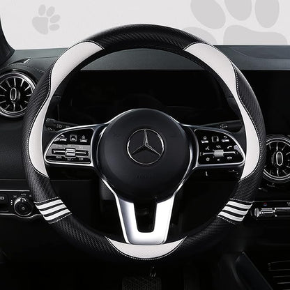 Car Steering Wheel Covers for Women Girl Padded Carbon Fiber PU Leather Cute Cartoon Auto Interior Accessories for Jeep, Truck, Universal, Anti Slip, White, Large Size 15.5-16"(39-41cm)