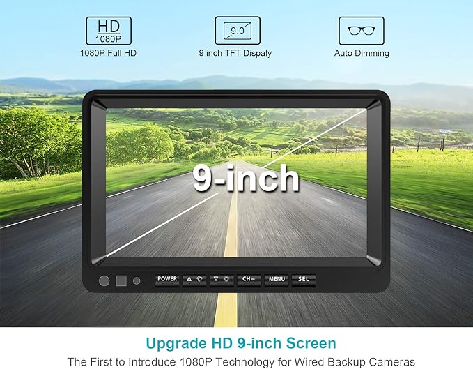 Fookoo Ⅱ HD Backup Camera System Kit, 9''1080P Reversing Monitor+IP69 Waterproof Rear View Camera, Sharp CCD Chip, 100% Not Wash Up, Truck/Semi Trailer/Box Truck/RV (DY901-Wired)