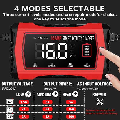16-Amp Battery Charger, 6V/12V/24V Smart Car Battery Charger, Automotive Battery Maintainer, Trickle Charger for Car, SUV, Motorcycle, Boat, Lead-Acid, Lithium, LiFePo4 Battery