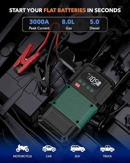 Portable Car Jump Starter with Air Compressor - 3000A/150PSI, 12V Portable Jump Box for 5.0L Diesel & 8.0L Gas, Compact Battery Jump Pack, Extended Smart Jumper Cables, USB Outputs, and Lights