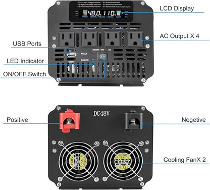 LVYUAN 5000 Watt Power Inverter 48V to 110V 120V for Vehicle, Solar Inverter System, Heavy Duty, RV, Truck, Off Grid,Camping with 4 AC Outlets, LCD Display, Wireless Remote Control, Car Power Inverter