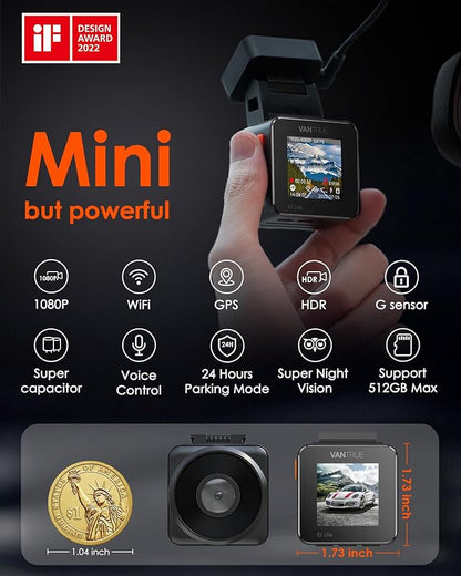 Vantrue E1 Lite 1080P WiFi Mini Dash Cam with GPS and Speed, Free App, Voice Control Detachable Dash Camera, 24 Hours Parking Mode, Night Vision, Motion Detection, Loop Recording, Support 512GB Max